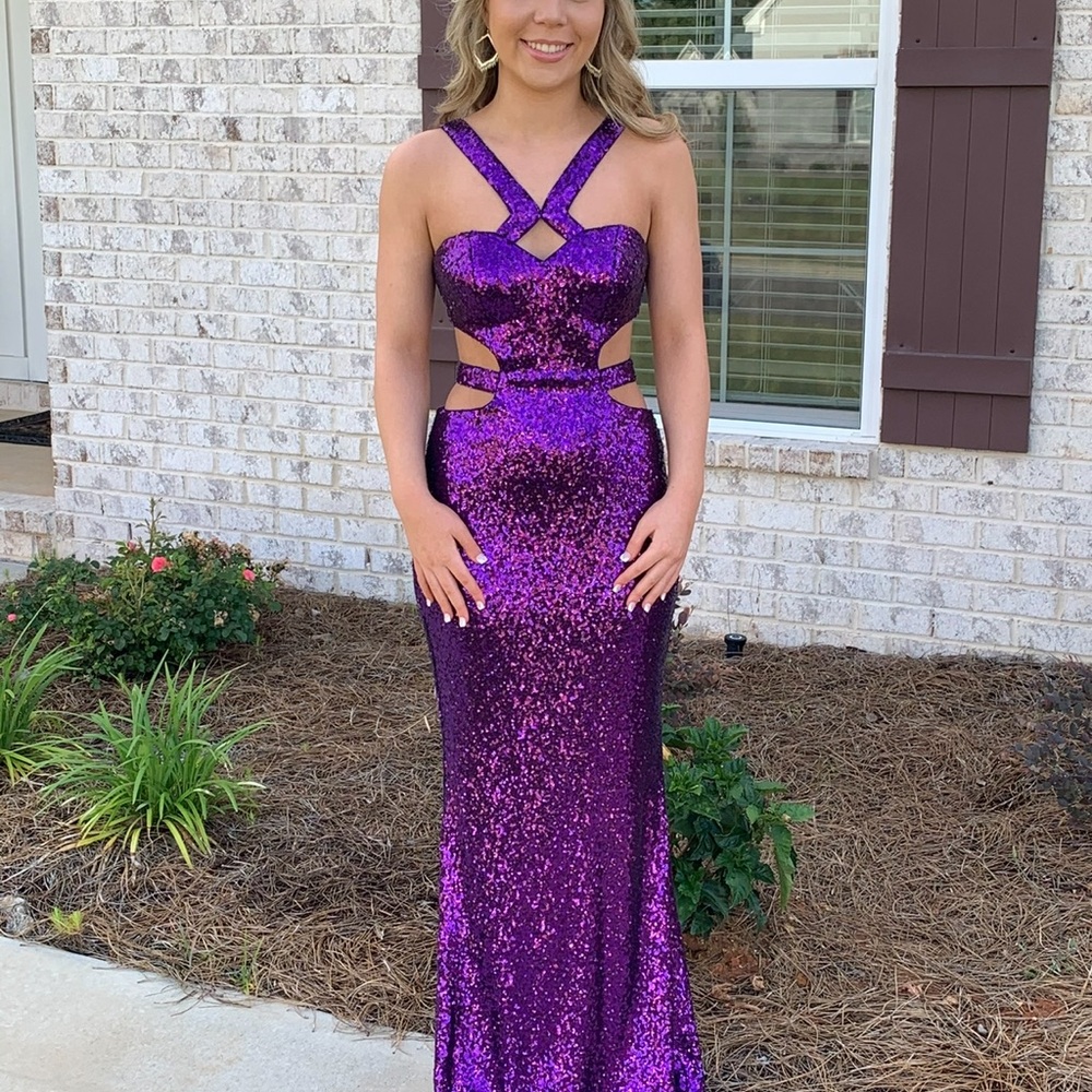 Faviana Purple Sequin Cutout Prom Dress